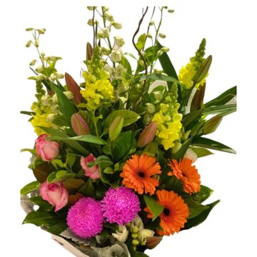 Laura's Pick florist's choice bouquet with orange gerberas, pink roses, pink chrysanthemums and yellow snapdragons