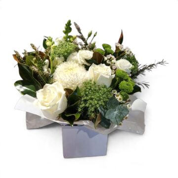 Silvereye posy box of white roses, chrysanthemum and greenery in a white gift box